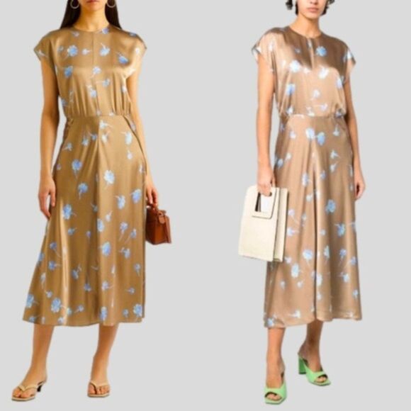 Vince Sea Carnation Cap Sleeve Satin Midi Dress in Sandalo  Size 2 - Picture 1 of 8